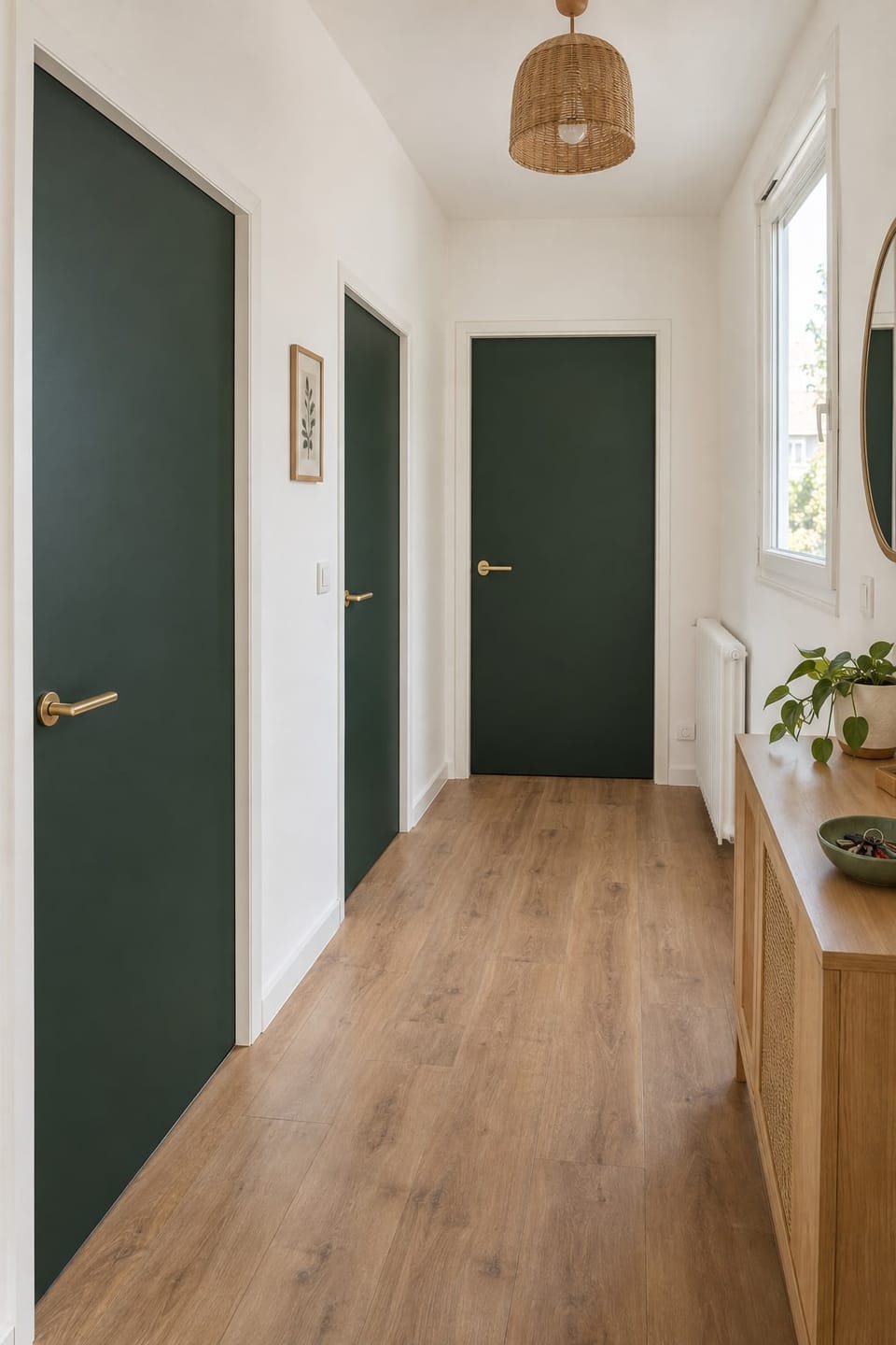 Couloir d'appartement lumineux, portes intérieures vert profond aux poignées laiton, parquet en chêne. Portes Deep Green NF13. Image d'ambiance aux teintes du catalogue.