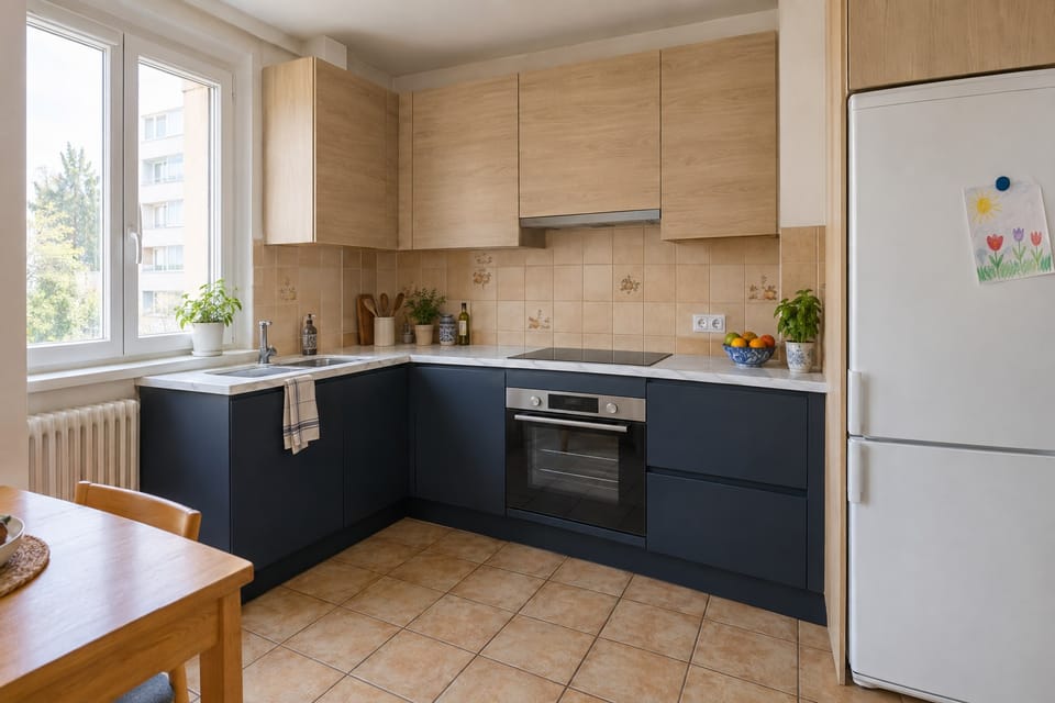 Cuisine familiale en L d'appartement, meubles bas bleu nuit mats, meubles hauts en frêne beige, plan de travail effet marbre blanc. Meubles bas Midnight Blue M9, meubles hauts Beige Brown Ash AL26, plan de travail Statuary White NE31. Image d'ambiance aux teintes du catalogue.