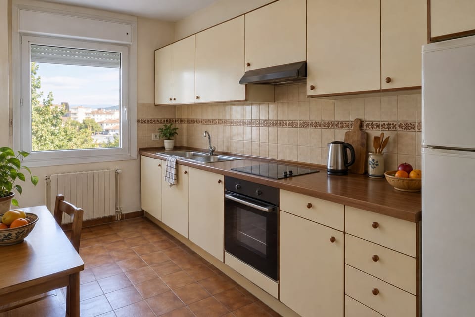 Cuisine des années 1980 sur un mur, façades blanches jaunies par le temps, plan de travail effet bois brun, carrelage à frise. Image d'ambiance.