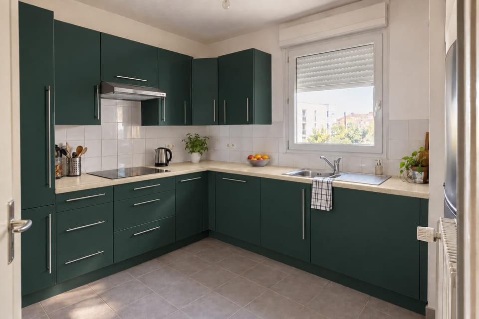 Cuisine en L d'appartement, façades vert profond mates, plan de travail en chêne pâle, crédence en carreaux blancs. Façades Deep Green NF13, plan de travail Pale Oak AG13. Image d'ambiance aux teintes du catalogue.