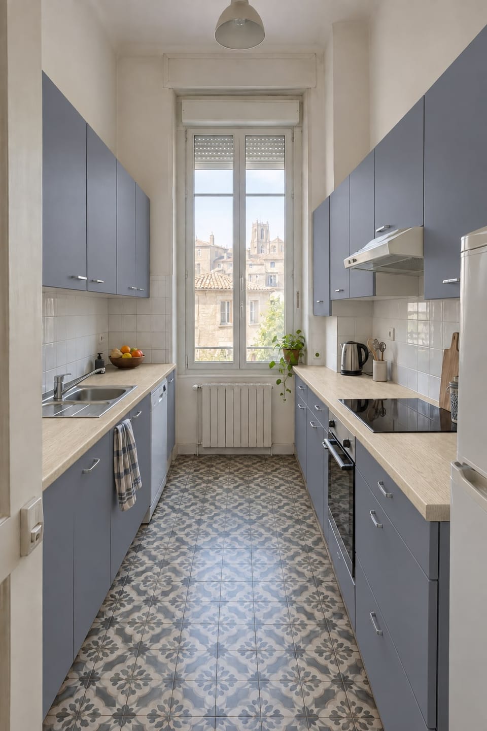 Cuisine couloir d'un appartement ancien sous haut plafond, façades bleu acier, plans de travail en chêne pâle, carreaux de ciment. Façades Steel Blue M6, plans de travail Pale Oak AG13. Image d'ambiance aux teintes du catalogue.