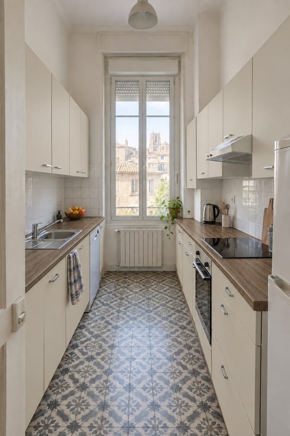 Cuisine couloir d'un appartement ancien sous haut plafond, façades gris perle, plans de travail en chêne, carreaux de ciment. Façades Pearl Grey RM02, plans de travail Original Oak AA14. Image d'ambiance aux teintes du catalogue.