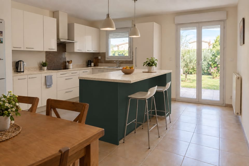 Cuisine familiale de maison, meubles grège le long des murs, îlot vert profond, plan de travail en chêne pâle, porte-fenêtre sur le jardin. Meubles le long des murs Grayed Beige NH26, îlot Deep Green NF13, plan de travail Pale Oak AG13. Image d'ambiance aux teintes du catalogue.