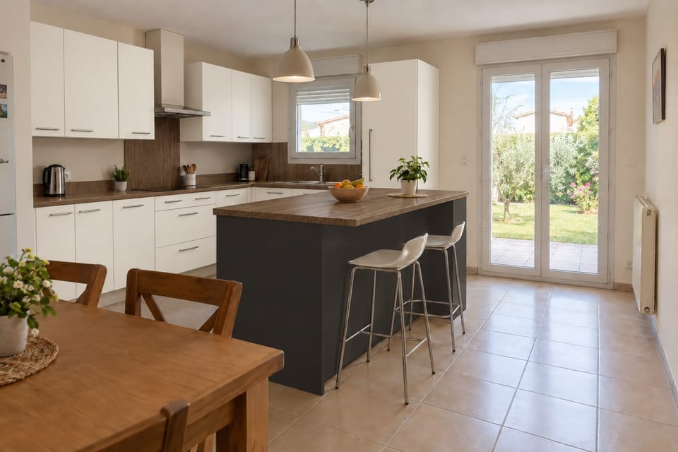 Cuisine familiale de maison, meubles blanc cassé le long des murs, îlot noir mat, plan de travail en chêne, porte-fenêtre sur le jardin. Meubles le long des murs Egg White NE56, îlot Black Mat K1, plan de travail Original Oak AA14. Image d'ambiance aux teintes du catalogue.