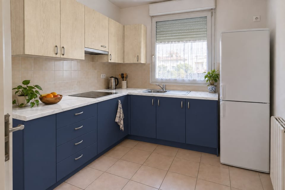 Cuisine en L des années 2000, meubles bas bleu roi, meubles hauts en chêne pâle, plan de travail effet marbre blanc. Meubles bas Royal Blue RM23, meubles hauts Pale Oak AG13, plan de travail Statuary White NE31. Image d'ambiance aux teintes du catalogue.