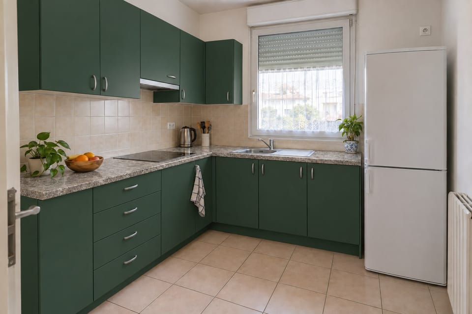 Cuisine en L des années 2000, meubles bas et hauts vert jade, plan de travail effet pierre grise. Meubles bas Jade Green NE83, meubles hauts Jade Green NE83, plan de travail Pietra di Cardoso Nero NH38. Image d'ambiance aux teintes du catalogue.