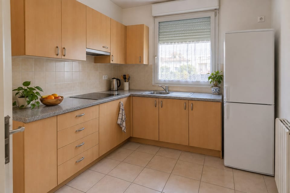 Cuisine en L des années 2000, façades effet hêtre, plan de travail effet granit gris. Image d'ambiance.