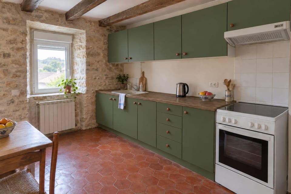 Cuisine d'une maison de village en pierre, façades vert kaki, plan de travail en chêne, tomettes et poutres apparentes. Façades Army Green RM21, plan de travail Original Oak AA14. Image d'ambiance aux teintes du catalogue.