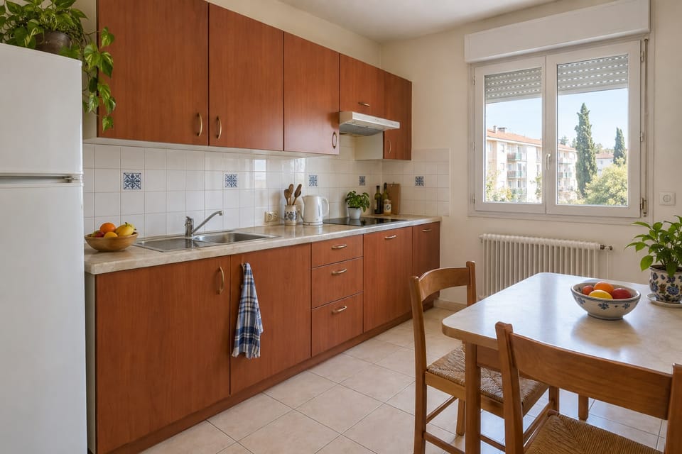 Cuisine des années 1990 sur un mur, façades effet merisier, plan de travail beige marbré, table et chaises au premier plan. Image d'ambiance.