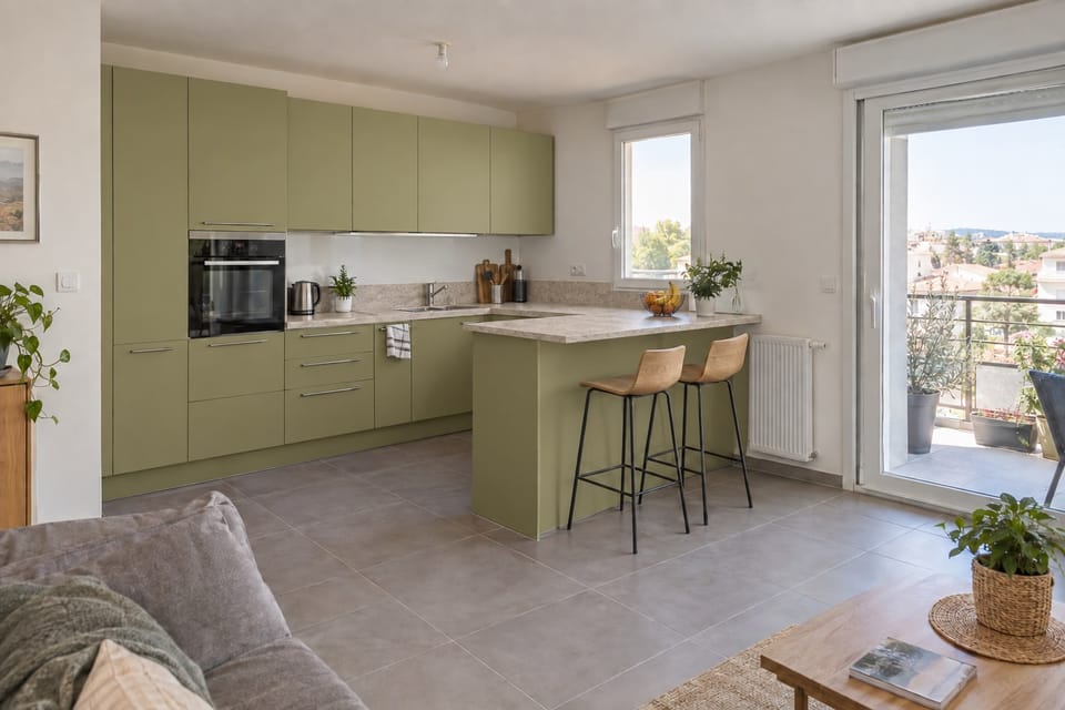 Cuisine ouverte sur le séjour avec un bar, façades et bar vert olive, plan de travail effet travertin, baie vitrée sur le balcon. Façades et bar Olive Green RM19, plan de travail Raw Travertine MK15. Image d'ambiance aux teintes du catalogue.