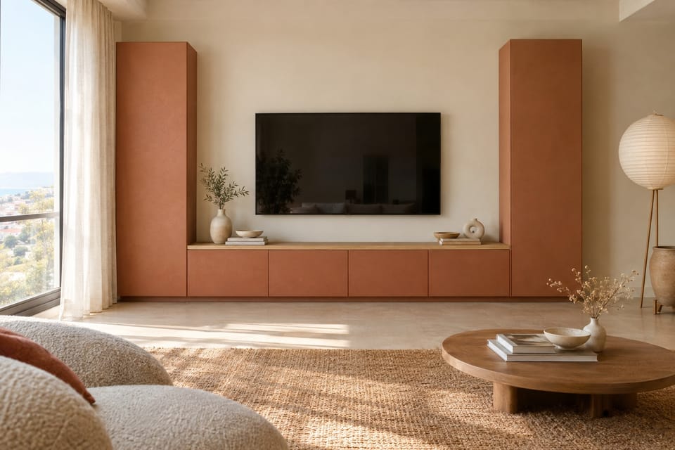 Salon lumineux, meuble TV et deux colonnes aux façades terre cuite mates, dessus en chêne clair. Façades Terracotta Stucco NH12, dessus Beige Line Oak AA17. Image d'ambiance aux teintes du catalogue.