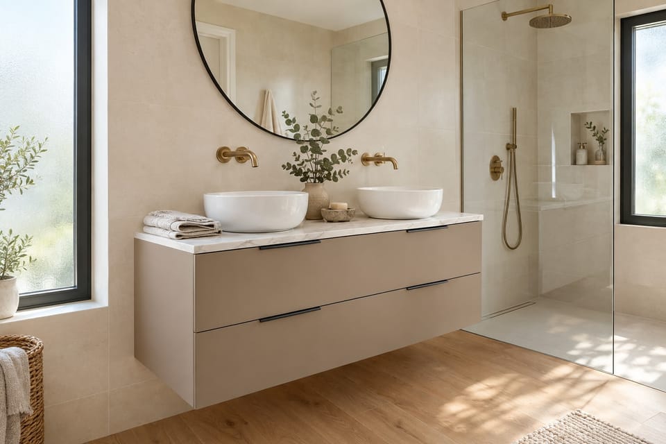 Salle de bain claire, meuble double vasque suspendu aux tiroirs taupe, plan marbre blanc, douche à l'italienne. Tiroirs Khaki K4, plan vasque Statuary White NE31. Image d'ambiance aux teintes du catalogue.