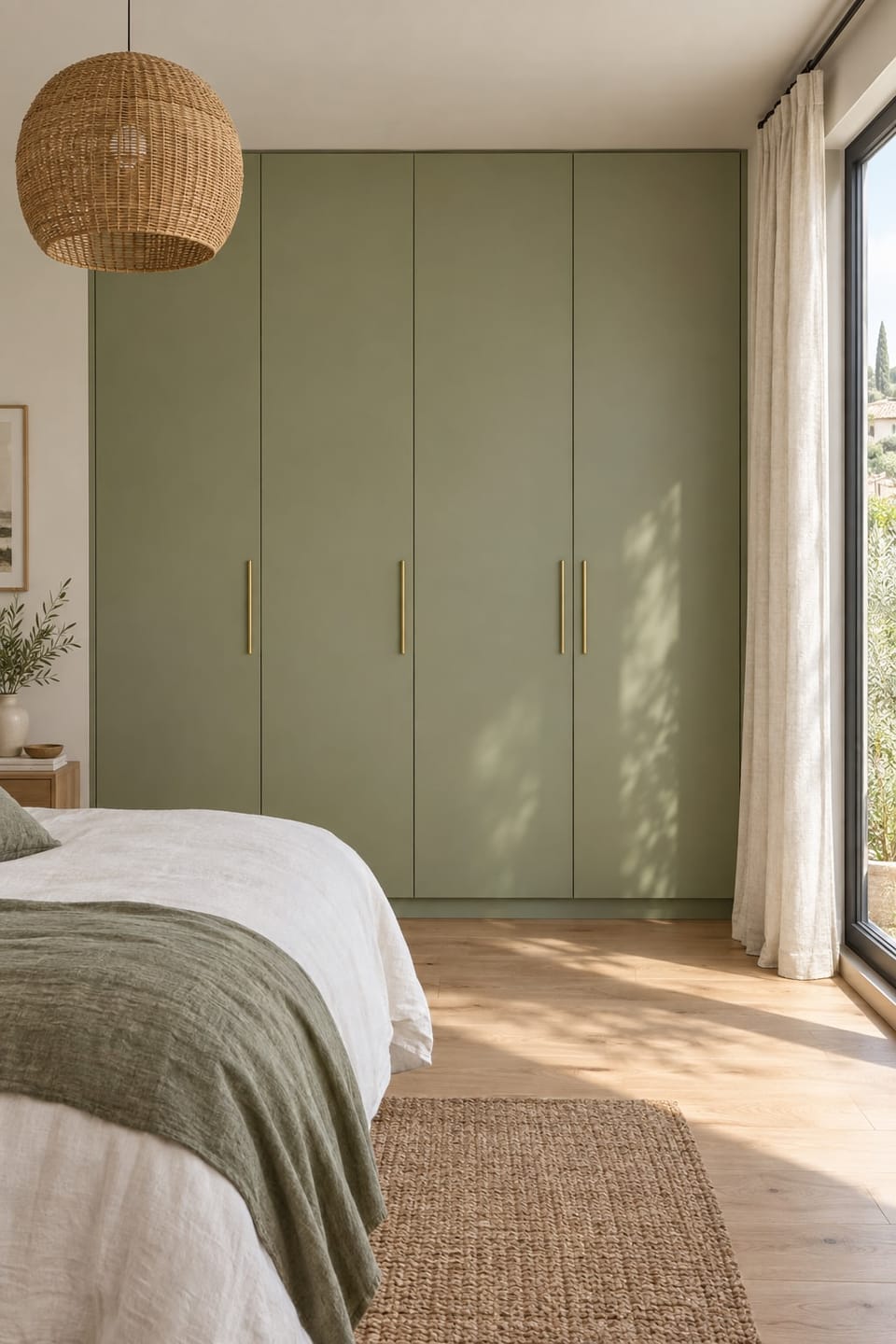 Chambre claire, dressing du sol au plafond aux portes vert tendre et poignées dorées. Portes Pastel Olive Green RM30. Image d'ambiance aux teintes du catalogue.