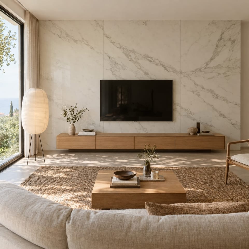 Salon lumineux, mur TV habillé d'un effet marbre blanc veiné de gris. Mur Statuary White NE31. Image d'ambiance aux teintes du catalogue.