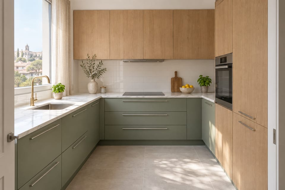 Cuisine en U baignée de lumière, meubles bas vert sauge, meubles hauts et colonnes en bois clair, plan de travail marbre blanc. Meubles bas et tiroirs Sage Green RM20, meubles hauts et colonne Legno I14, plan de travail Statuary White NE31. Image d'ambiance aux teintes du catalogue.