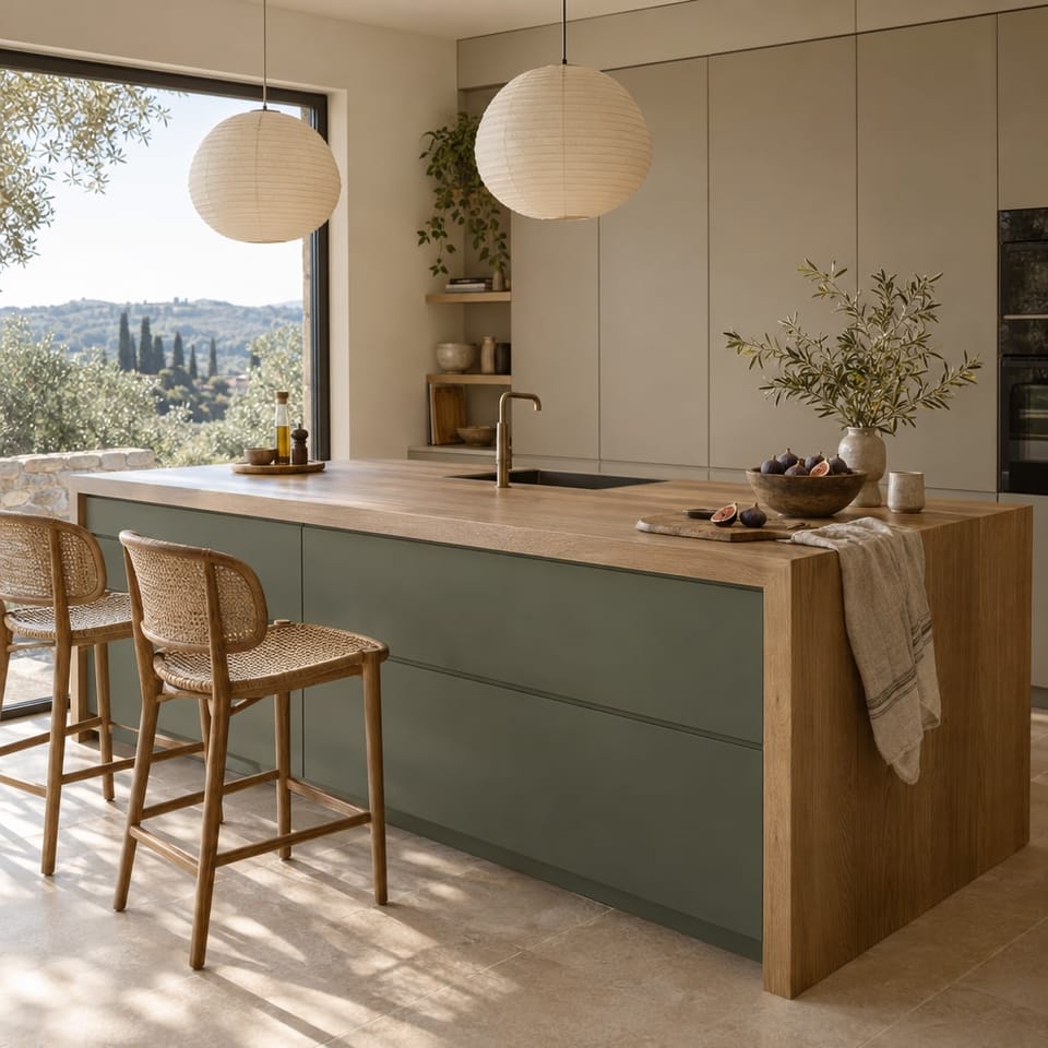 Cuisine ouverte sur les collines, îlot vert de gris, colonnes grège, plan et joue en chêne. Îlot Smokey Green NH15, colonnes Grayed Beige NH26, plan et joue Original Oak AA14. Image d'ambiance aux teintes du catalogue.