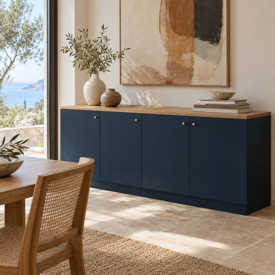 Salle à manger face à la mer, buffet bas aux portes bleu nuit, dessus en chêne clair. Portes Royal Blue RM23, dessus Pale Oak AG13. Image d'ambiance aux teintes du catalogue.