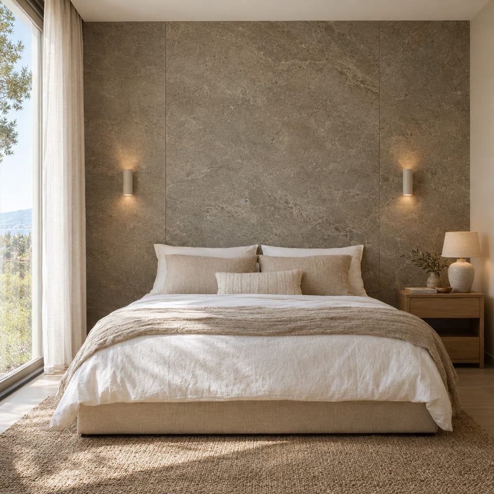 Chambre apaisante, mur de tête de lit habillé d'un effet pierre grège. Mur Lombarda Grigio NF99. Image d'ambiance aux teintes du catalogue.