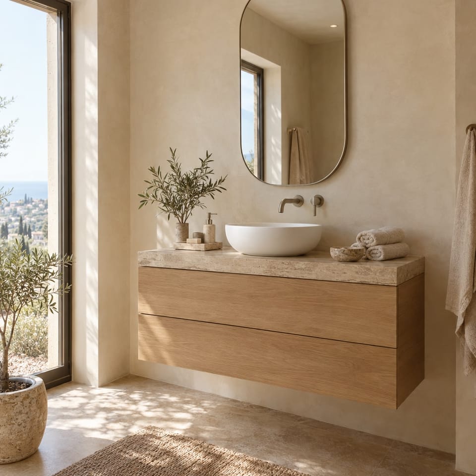 Salle de bain méditerranéenne, meuble vasque suspendu en chêne, plan effet pierre beige. Tiroirs Weathered Oak B4, plan Raw Travertine MK15. Image d'ambiance aux teintes du catalogue.