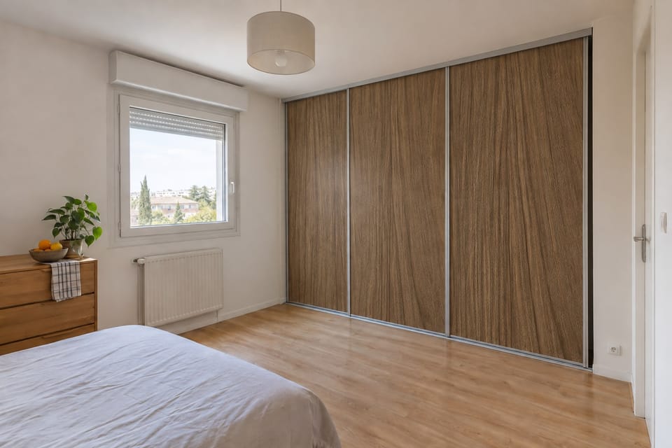 Chambre d'appartement, placard à trois portes coulissantes en chêne, parquet stratifié. Portes coulissantes Original Oak AA14. Image d'ambiance aux teintes du catalogue.