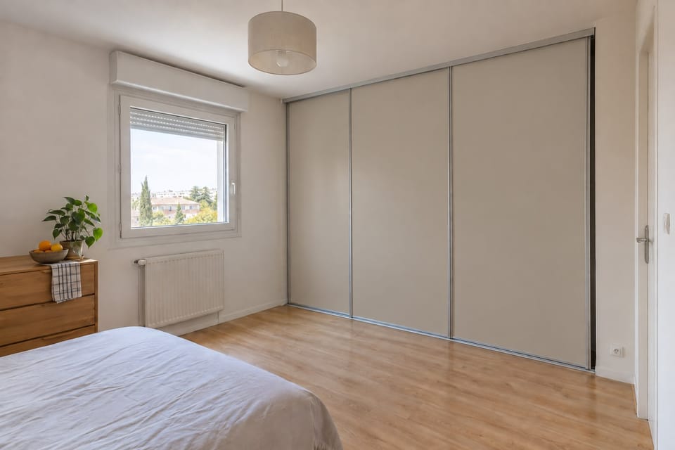 Chambre d'appartement, placard à trois portes coulissantes gris beige, parquet stratifié. Portes coulissantes Dry Branch NH28. Image d'ambiance aux teintes du catalogue.