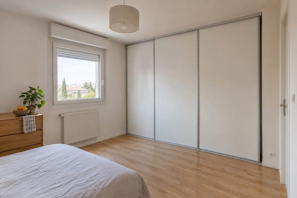 Chambre d'appartement, placard à trois portes coulissantes blanches, parquet stratifié. Image d'ambiance.