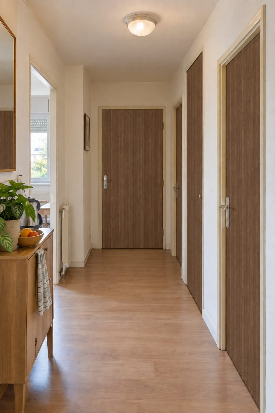 Couloir d'appartement, portes intérieures en noyer, parquet stratifié, petite console. Portes Classic Walnut D1. Image d'ambiance aux teintes du catalogue.