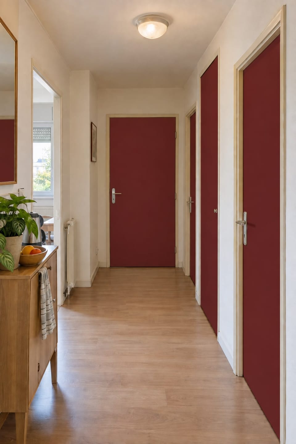 Couloir d'appartement, portes intérieures rouge bordeaux, parquet stratifié, petite console. Portes Bordeaux Red NF04. Image d'ambiance aux teintes du catalogue.