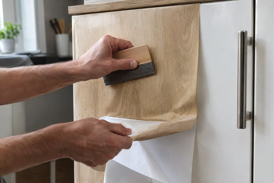 Mains d'un poseur qui applique à la raclette un film effet pin clair sur une porte de cuisine blanche, le papier de protection à moitié retiré. Image d'ambiance.