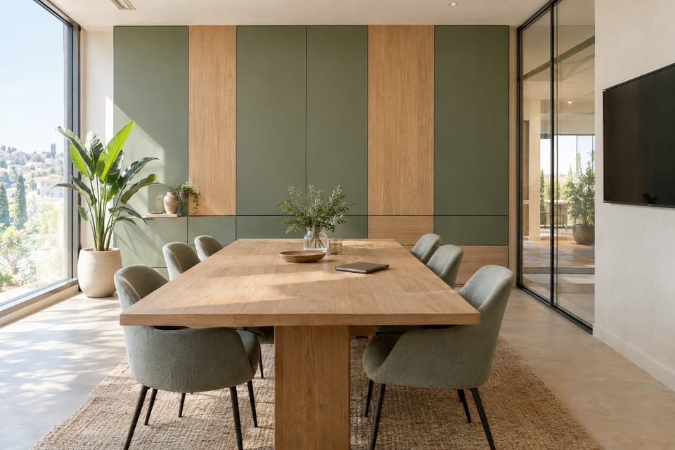 Salle de réunion lumineuse, rangements muraux vert sauge rythmés de panneaux en bois blond. Rangements verts Sage Green RM20, rangements bois Beige Brown Ash AL26. Image d'ambiance aux teintes du catalogue.