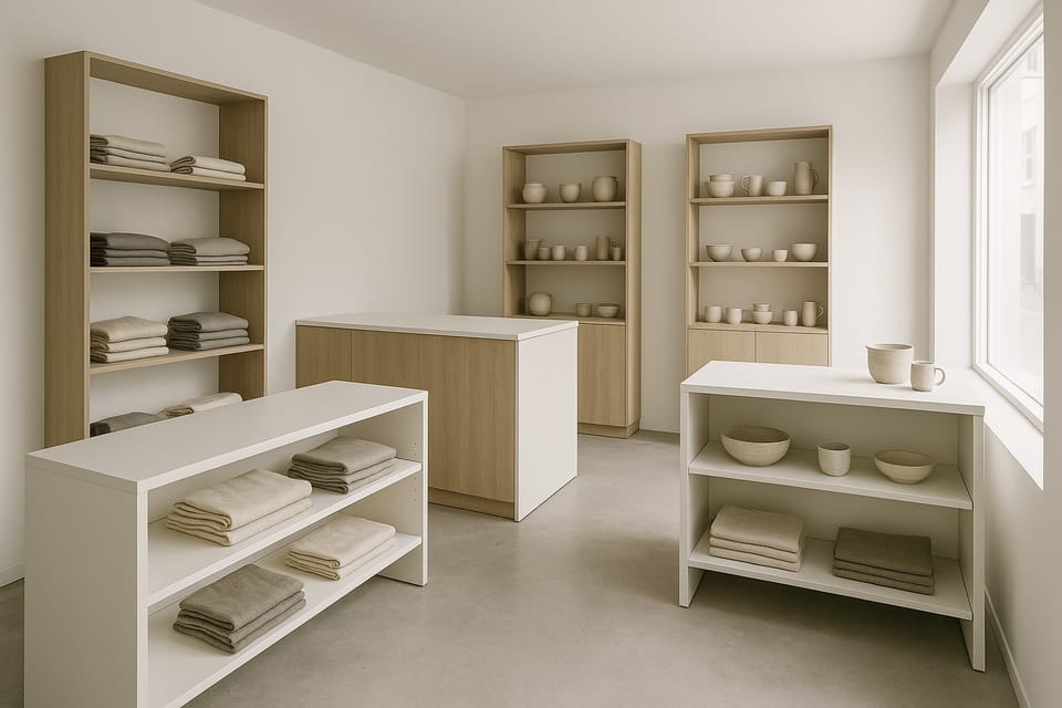 Boutique, comptoir et mobilier blanc mat et chêne clair, image d'ambiance