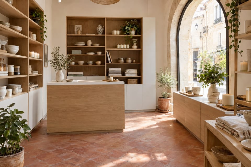 Boutique de décoration sous voûte, comptoir central en bois blond, meubles blancs. Façades bois Freijo Laurel NE68, façades blanches White Fog NH27. Image d'ambiance aux teintes du catalogue.
