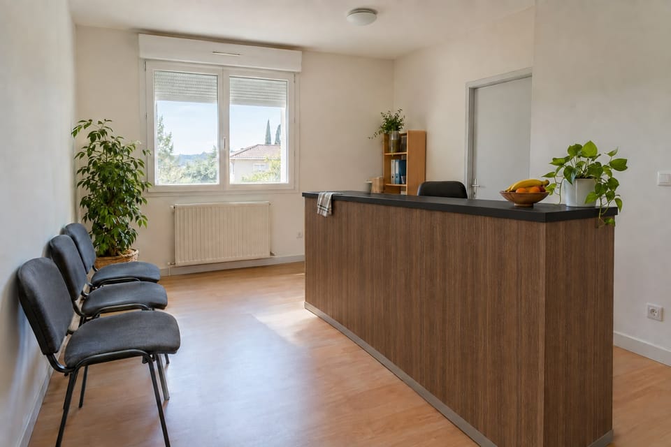 Accueil d'un cabinet, comptoir en noyer au dessus noir mat, chaises d'attente. Façade du comptoir Classic Walnut D1, dessus du comptoir Black Mat K1. Image d'ambiance aux teintes du catalogue.