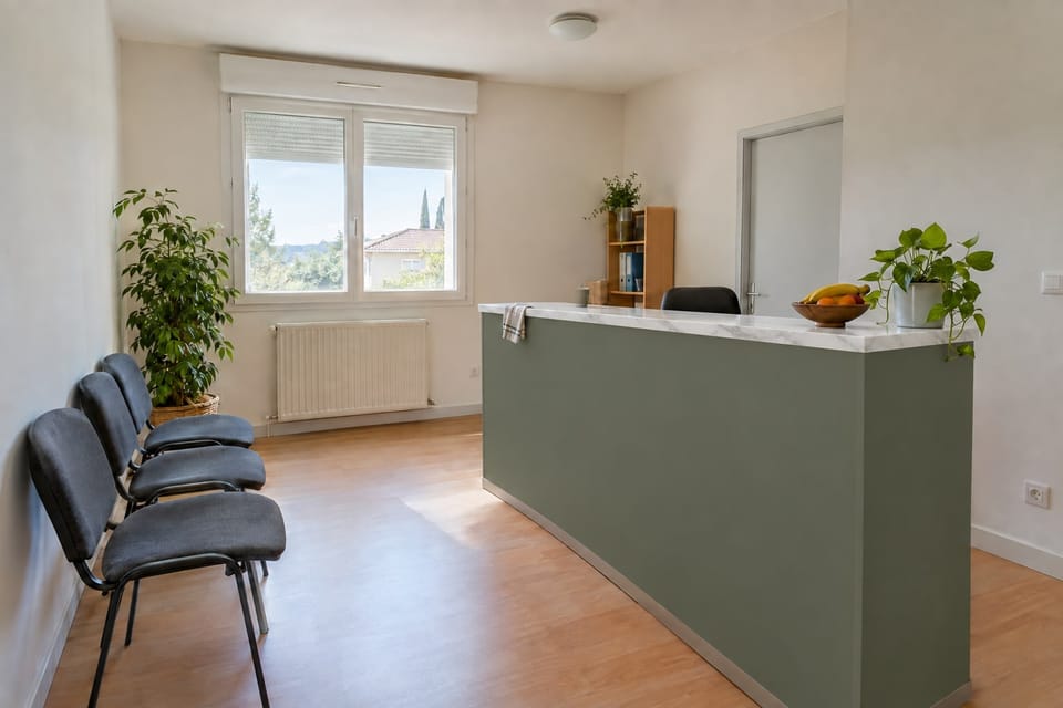 Accueil d'un cabinet, comptoir vert sauge au dessus effet marbre blanc, chaises d'attente. Façade du comptoir Sage Green RM20, dessus du comptoir Statuary White NE31. Image d'ambiance aux teintes du catalogue.