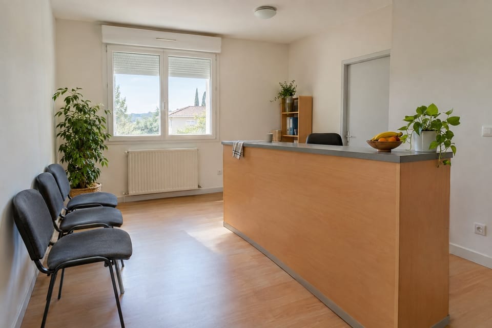 Accueil d'un cabinet, comptoir effet hêtre au dessus gris, chaises d'attente. Image d'ambiance.