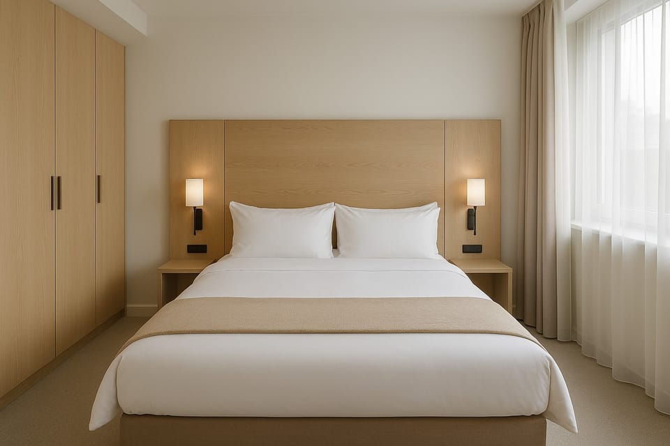 Chambre d'hôtel, tête de lit et placards effet chêne clair, image d'ambiance