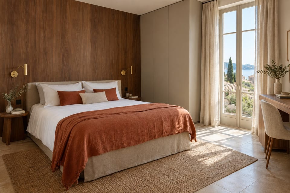 Chambre d'hôtel lumineuse, mur de tête de lit en noyer, placards taupe. Mur de tête de lit Classic Walnut D1, placards Caffe Latte NE55. Image d'ambiance aux teintes du catalogue.