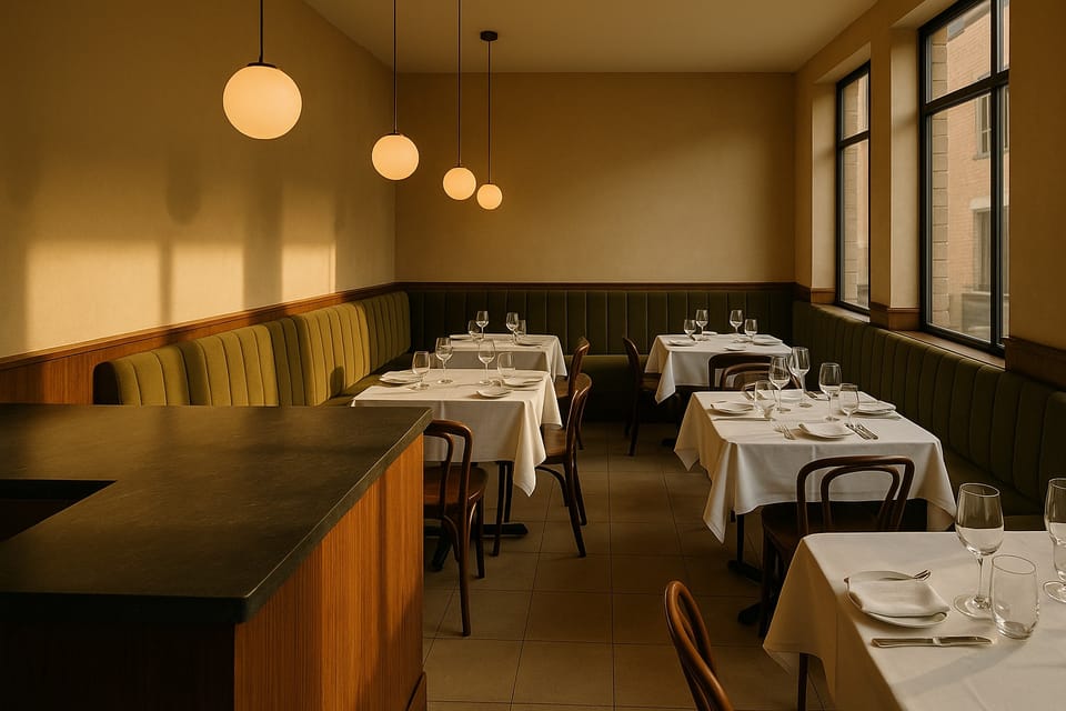 Salle de restaurant, bar effet noyer au plateau effet pierre, image d'ambiance
