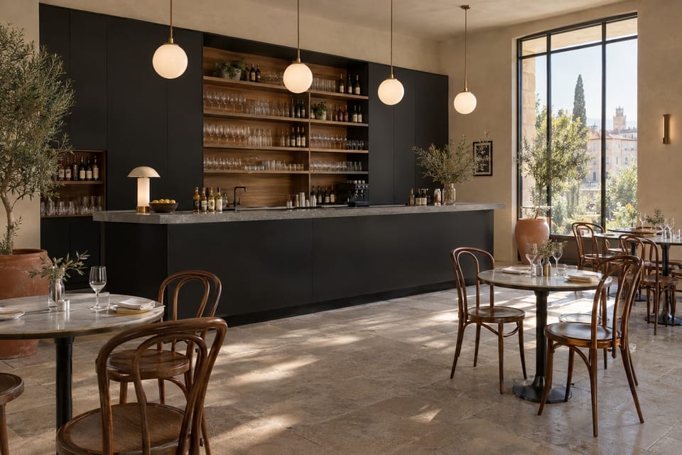 Restaurant aux grandes fenêtres, bar et arrière-bar noir mat, dessus effet pierre grise, étagères en noyer. Façade du bar et arrière-bar Black Mat K1, dessus du bar Lombarda Grigio NF99, étagères Classic Walnut D1. Image d'ambiance aux teintes du catalogue.