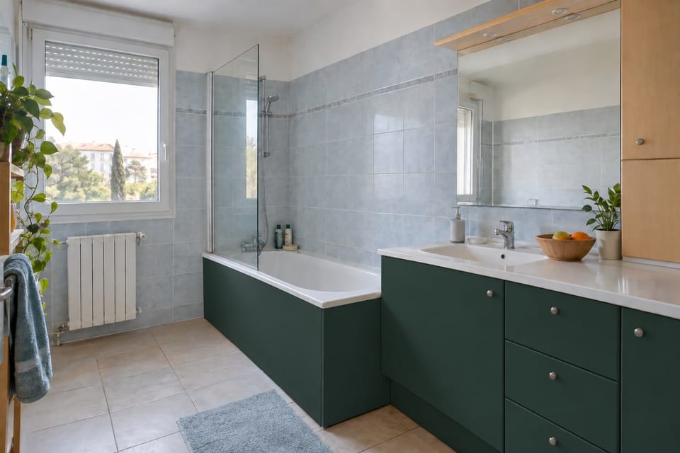 Salle de bain avec baignoire, tablier et meuble vasque vert profond, faïence bleu-gris. Meuble vasque Deep Green NF13, tablier de baignoire Deep Green NF13. Image d'ambiance aux teintes du catalogue.