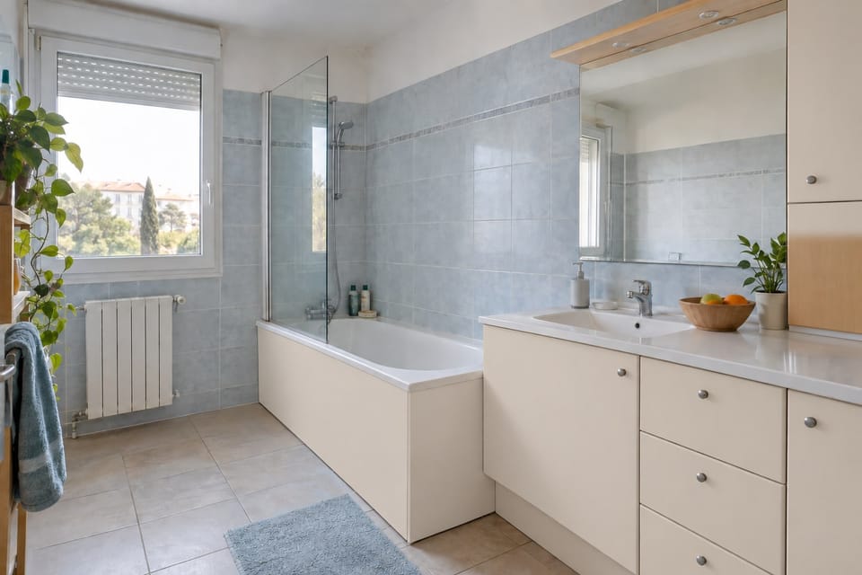 Salle de bain avec baignoire, tablier et meuble vasque gris chaud, faïence bleu-gris. Meuble vasque Warm Gray NH22, tablier de baignoire Warm Gray NH22. Image d'ambiance aux teintes du catalogue.