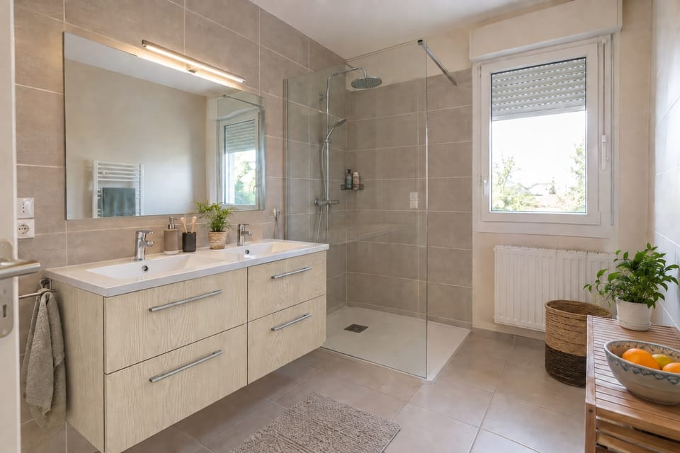 Salle de bain familiale, meuble double vasque en chêne pâle à quatre tiroirs, douche à l'italienne. Tiroirs Pale Oak AG13. Image d'ambiance aux teintes du catalogue.