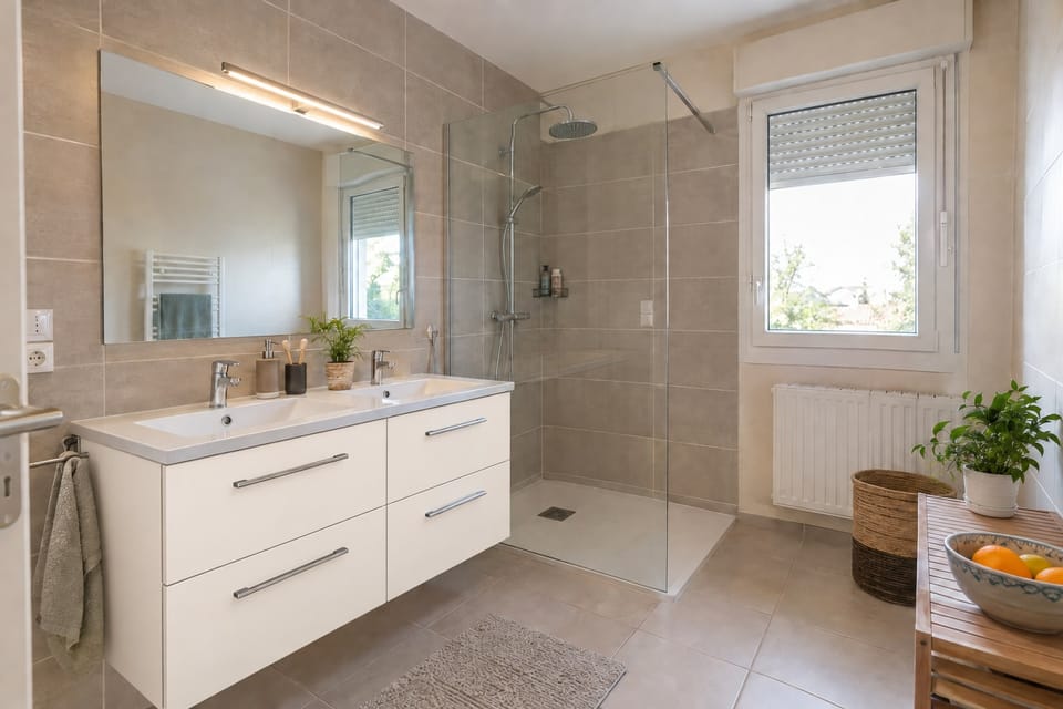 Salle de bain familiale, meuble double vasque blanc crème à quatre tiroirs, douche à l'italienne. Tiroirs Creamy White RM26. Image d'ambiance aux teintes du catalogue.