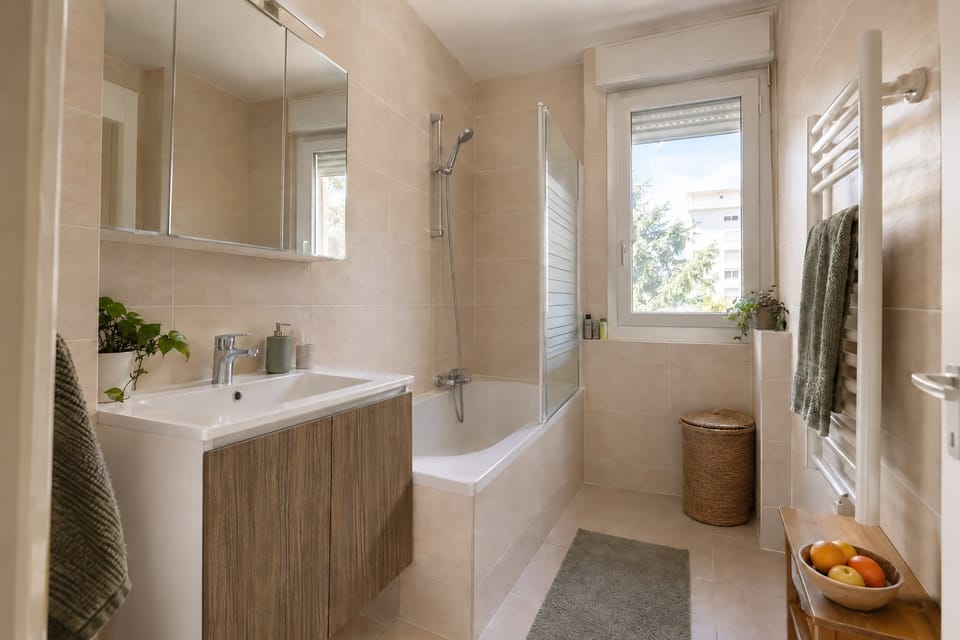 Petite salle de bain d'appartement, meuble vasque à deux portes en chêne, baignoire, carrelage beige. Meuble vasque Original Oak AA14. Image d'ambiance aux teintes du catalogue.