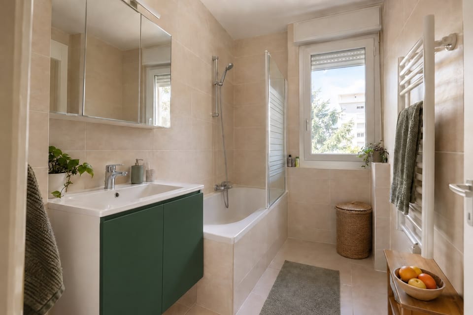 Petite salle de bain d'appartement, meuble vasque à deux portes vert jade, baignoire, carrelage beige. Meuble vasque Jade Green NE83. Image d'ambiance aux teintes du catalogue.