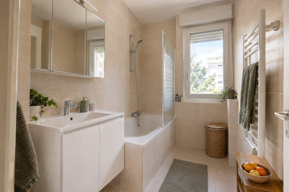 Petite salle de bain d'appartement, meuble vasque blanc à deux portes, baignoire, carrelage beige. Image d'ambiance.